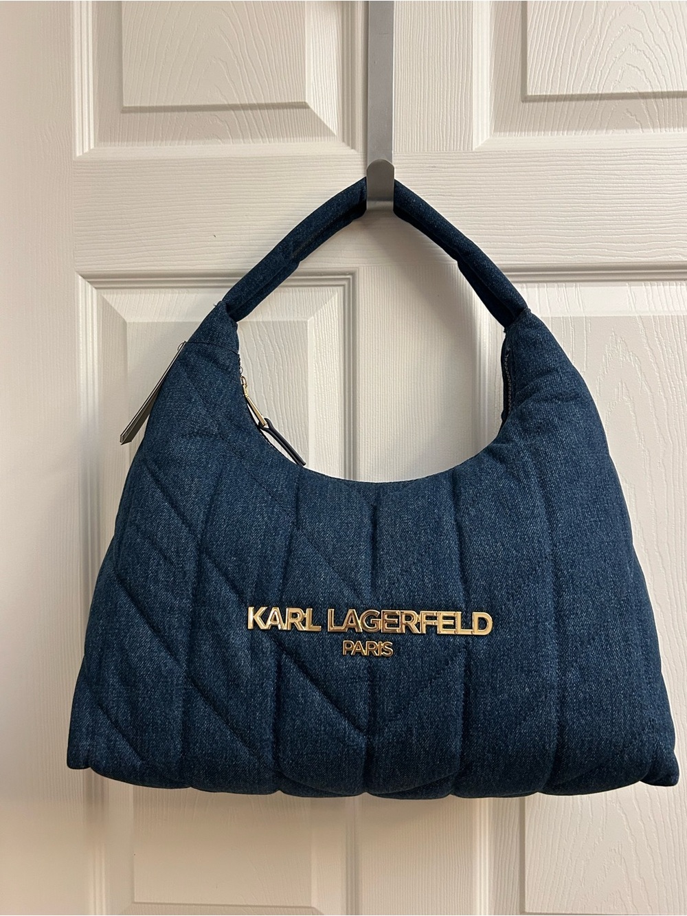 Karl Lagerfeld Quilted Dark Blue Denim Shoulder Bag with Gold Logo - Picture 10 of 16